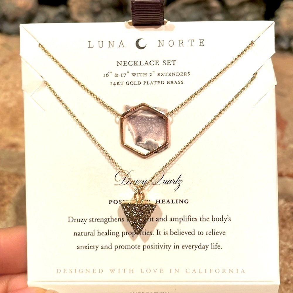 Brand New Luna Norte Set of 2 Druzy Quartz 14K Gold Plated Brass Necklaces